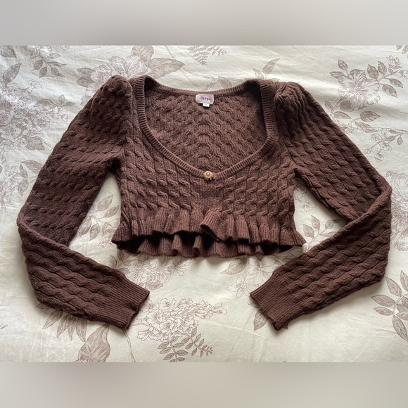 LPA Soren Chocolate Brown Cropped Cable Knit Sweater Ruffle Trim Small Coquette - Picture 2 of 10